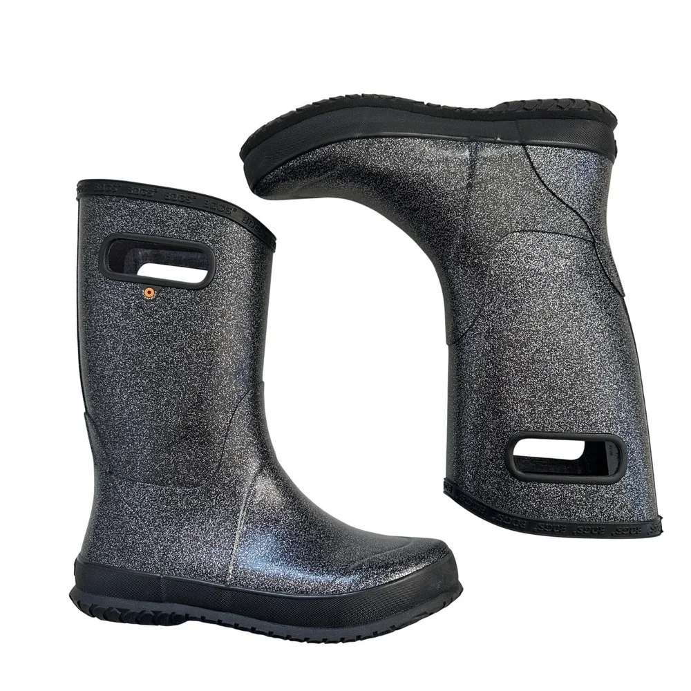 Bogs K RNBT Glitter Black Silver Waterproof Rain Boots Youth Size 6 72399-001